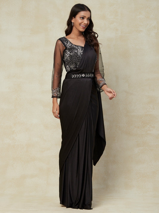 Black Lycra Ready to Wear Saree With Flower Embroidery Work with Blouse - PepaBai