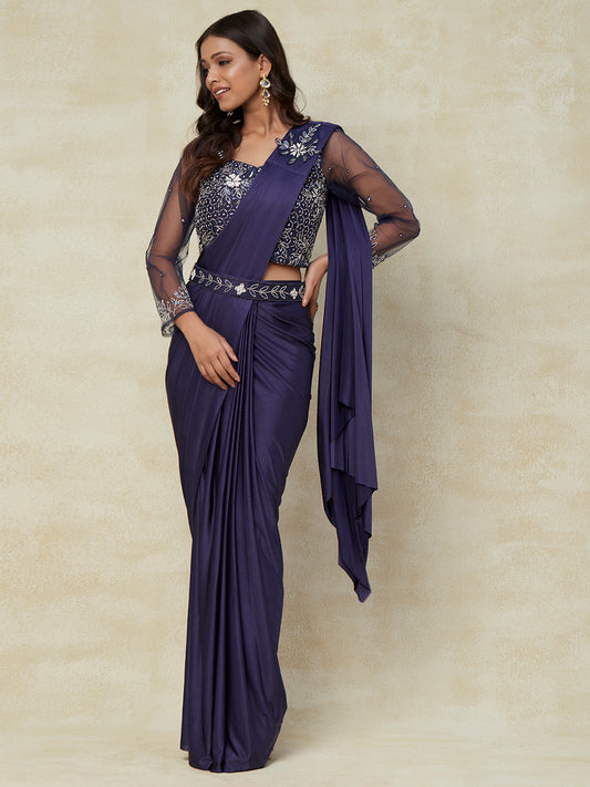 Ready-to-Wear Purple color Saree Adorned with Exquisite Embroidery and Blouse - PepaBai