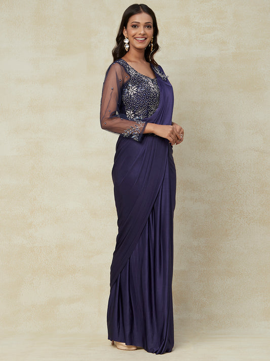 Ready-to-Wear Purple color Saree Adorned with Exquisite Embroidery and Blouse - PepaBai
