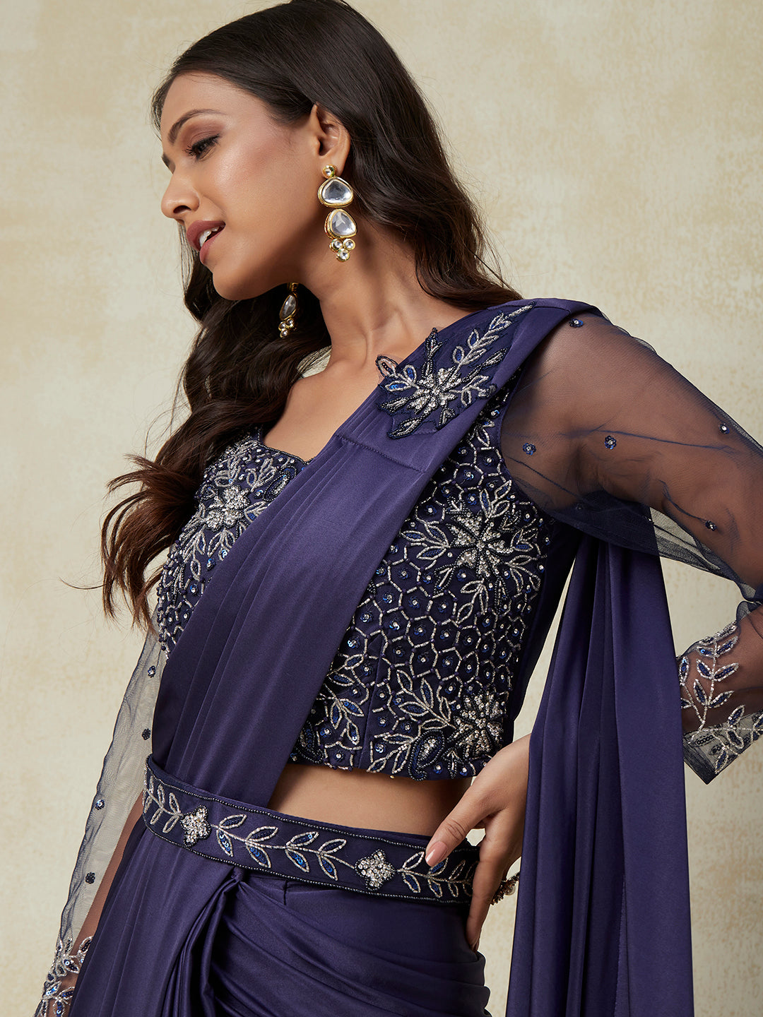 Ready-to-Wear Purple color Saree Adorned with Exquisite Embroidery and Blouse - PepaBai