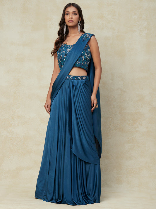 Blue Lycra Saree With Embroidery Work with Blouse from PepaBai
