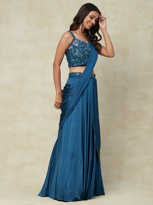 Blue Lycra Saree With Embroidery Work with Blouse - PepaBai