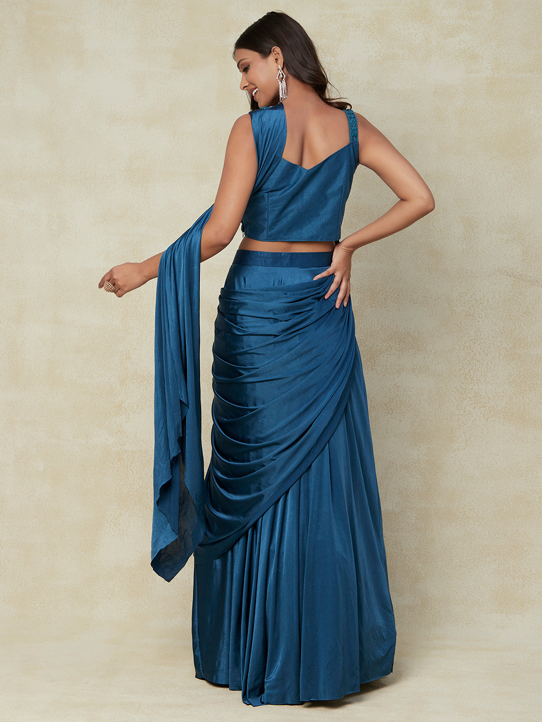 Blue Lycra Saree With Embroidery Work with Blouse - PepaBai