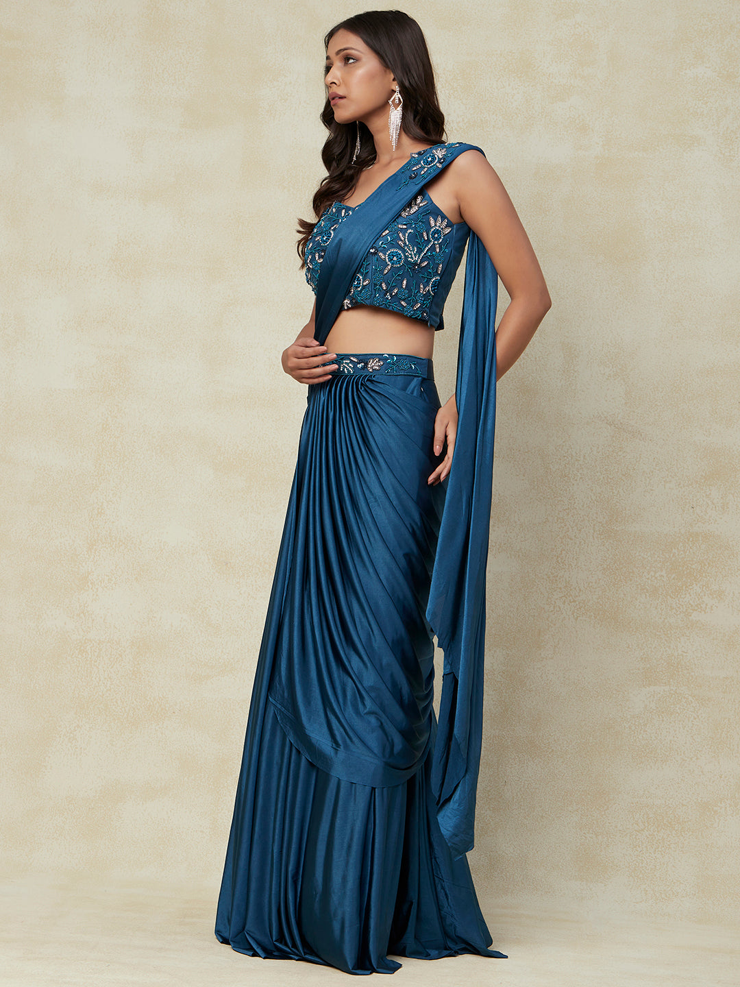 Blue Lycra Saree With Embroidery Work with Blouse - PepaBai