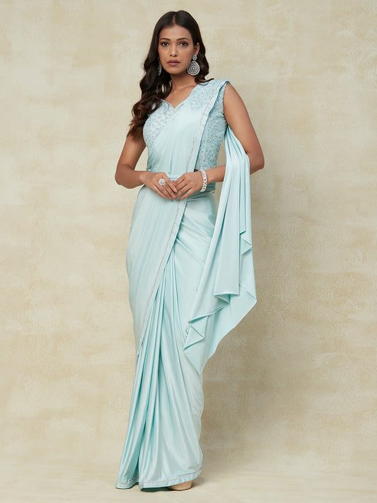 Turquoise Lycra Ready to Wear Saree With Embroidery Work with Blouse - PepaBai