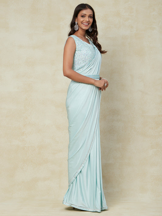 Turquoise Lycra Ready to Wear Saree With Embroidery Work with Blouse - PepaBai