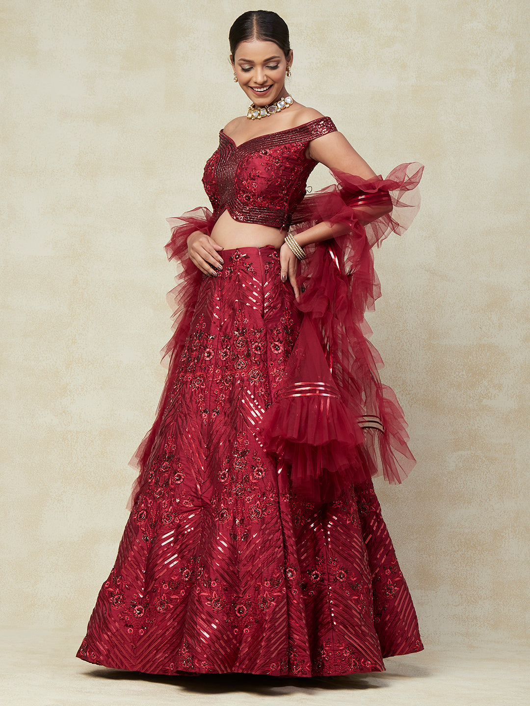 Red Silk Lehenga With Embroidery - PepaBai