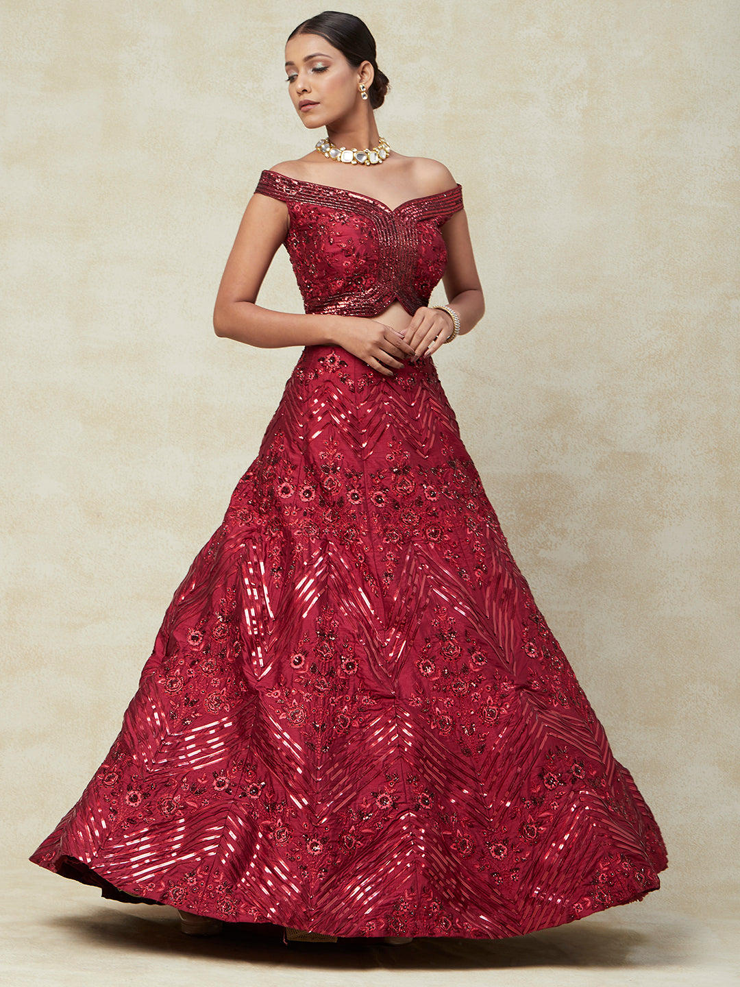 Red Silk Lehenga With Embroidery - PepaBai