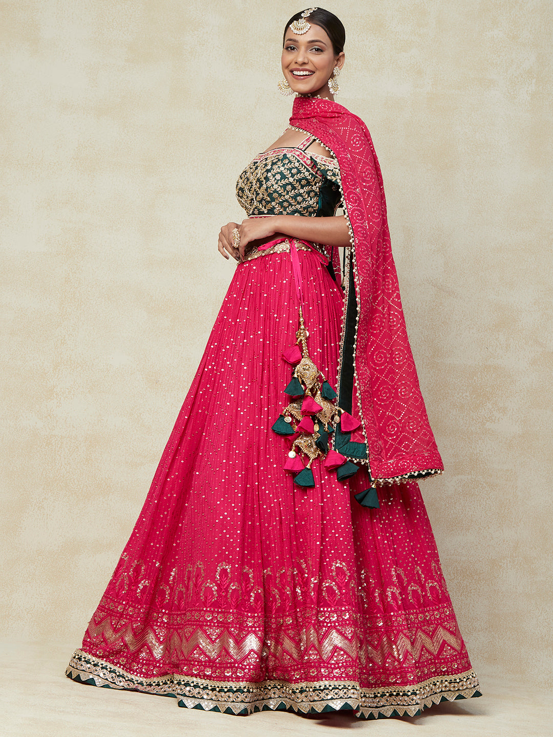 Pink Georgette Lehenga and Bottle Green Color Blouse with Flower Embroidery - PepaBai