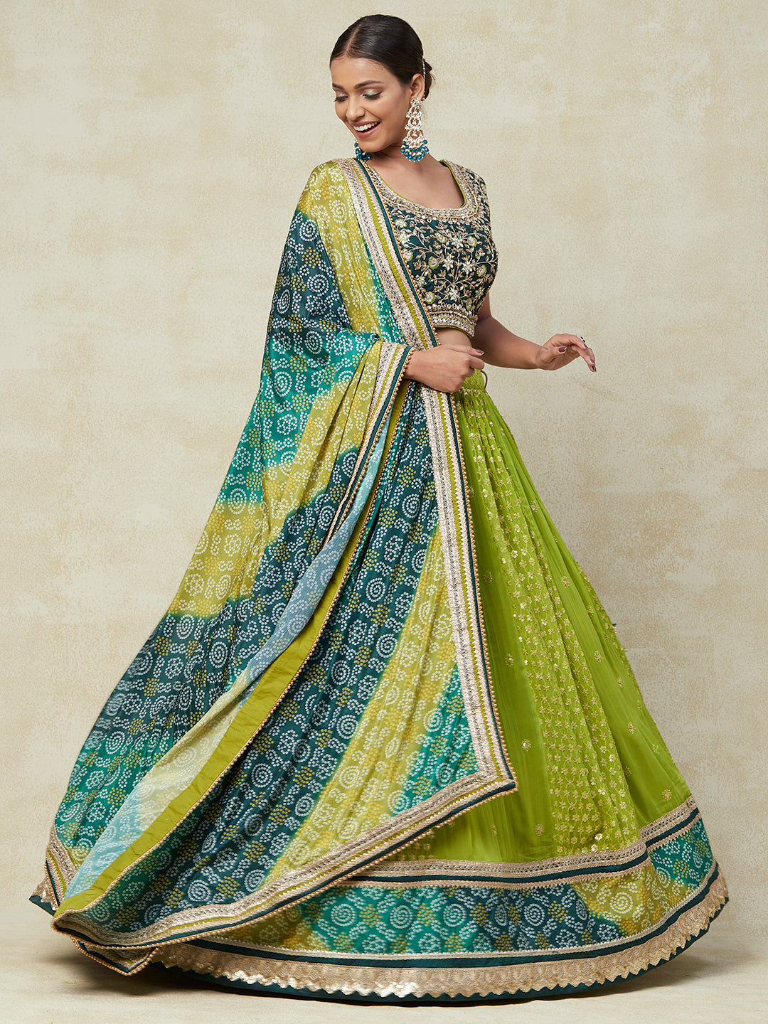 Green Georgette Lehenga With Bandhani Work - PepaBai