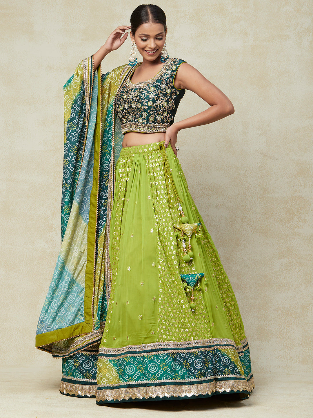 Green Georgette Lehenga With Bandhani Work - PepaBai