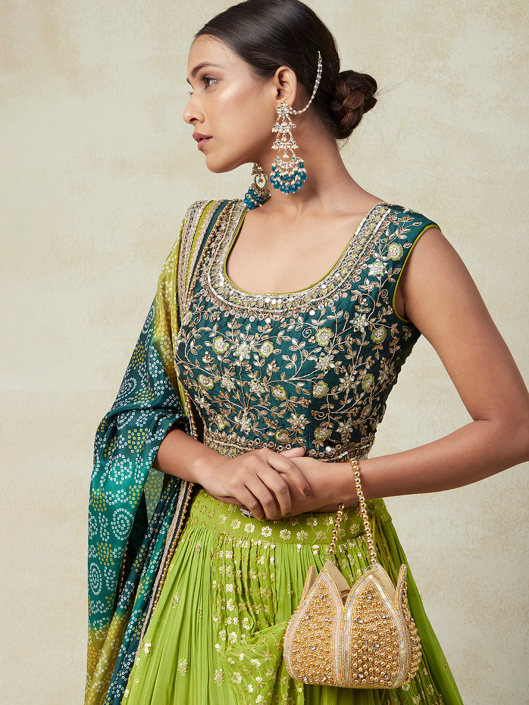 Green Georgette Lehenga With Bandhani Work - PepaBai