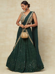 Green Georgette Saree Style Lehenga With Mirror Embroidery - PepaBai