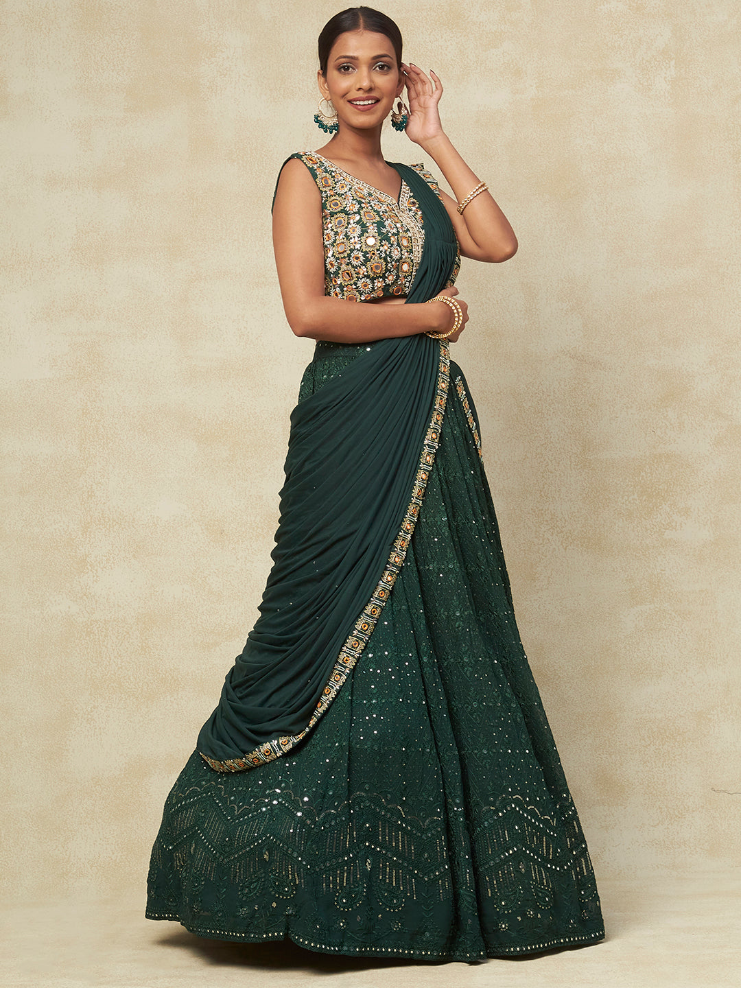 Green Georgette Saree Style Lehenga With Mirror Embroidery - PepaBai