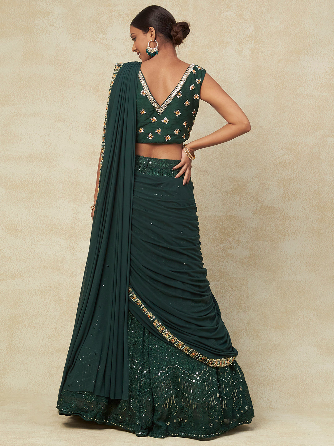 Green Georgette Saree Style Lehenga With Mirror Embroidery - PepaBai