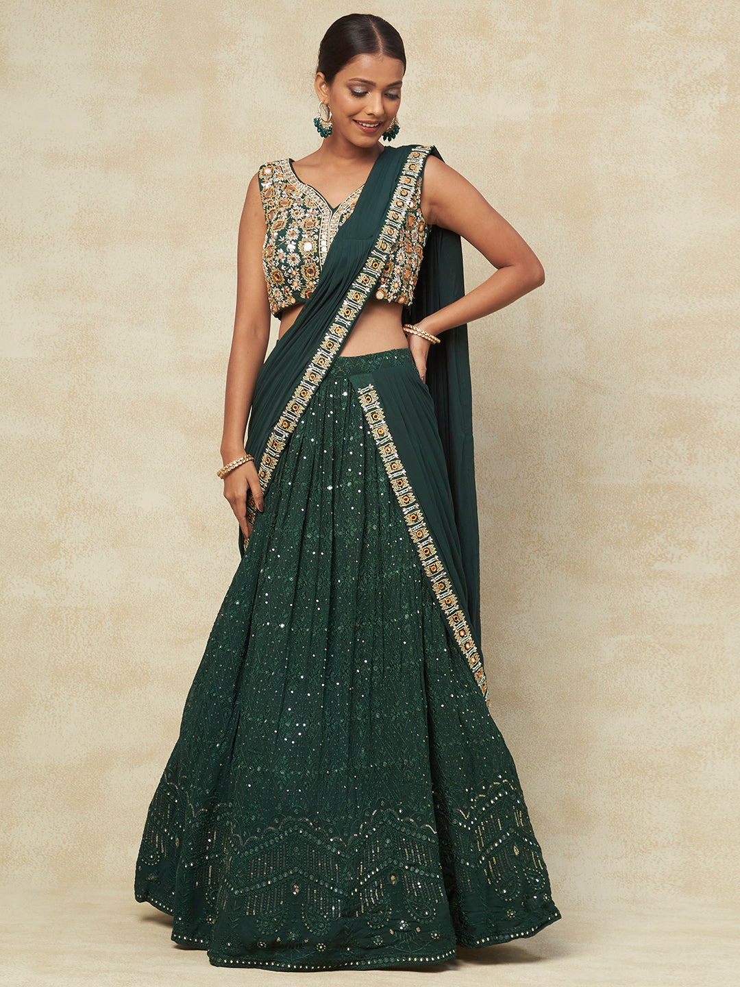 Green Georgette Saree Style Lehenga With Mirror Embroidery - PepaBai