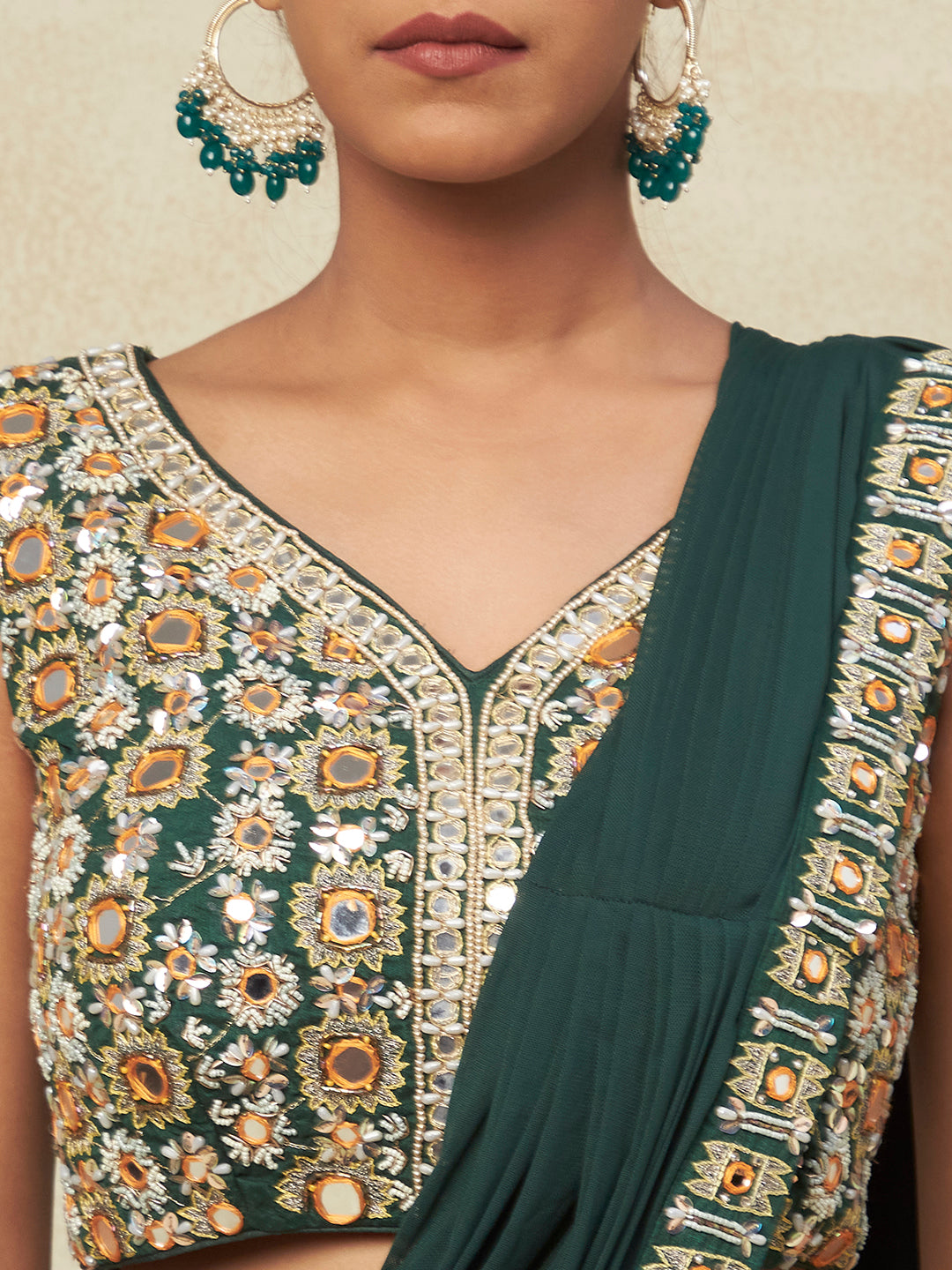 Green Georgette Saree Style Lehenga With Mirror Embroidery - PepaBai