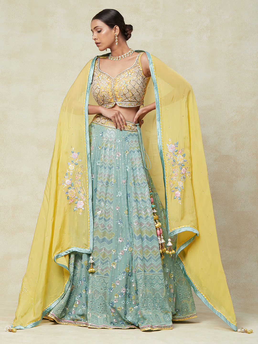 Pastel Yellow and Blue Georgette Lehenga With Handwork Embroidery - PepaBai