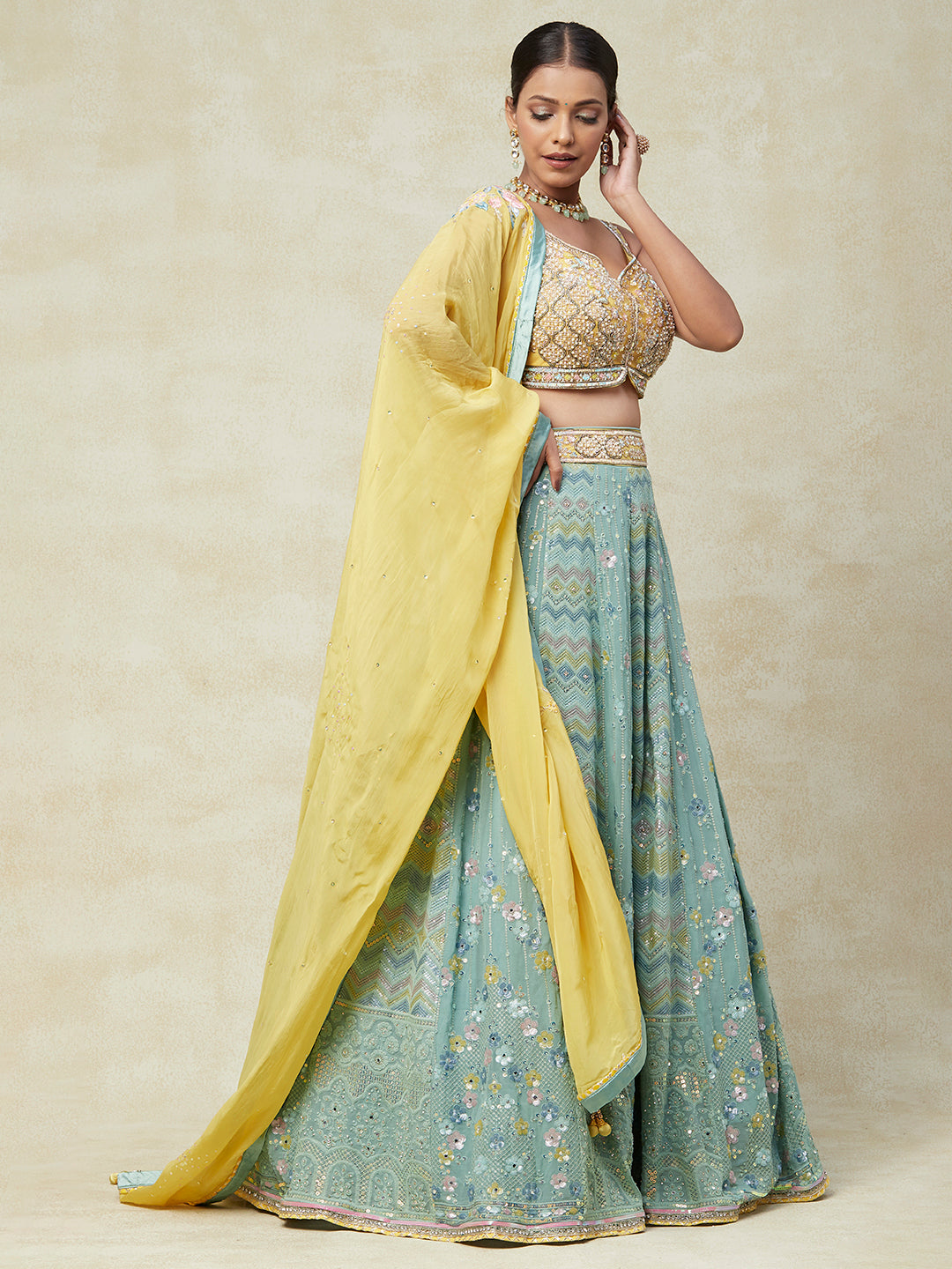 Pastel Yellow and Blue Georgette Lehenga With Handwork Embroidery - PepaBai