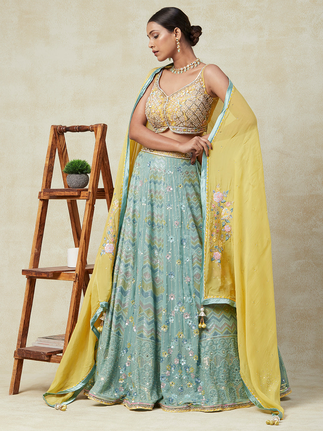 Pastel Yellow and Blue Georgette Lehenga With Handwork Embroidery - PepaBai