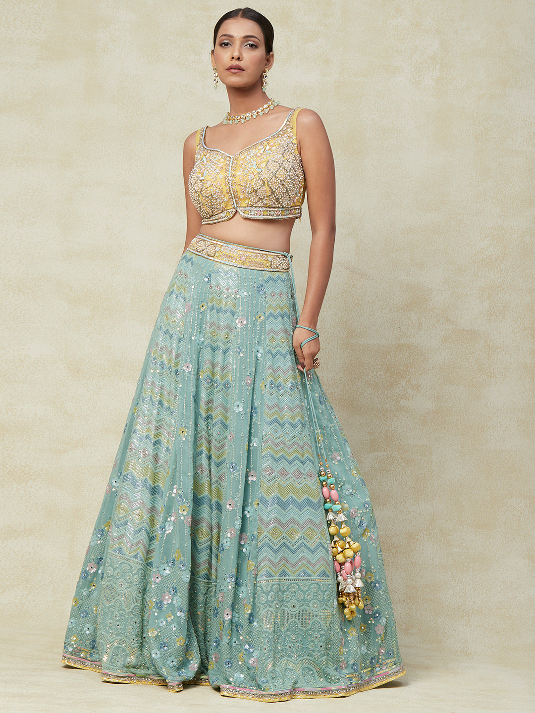 Pastel Yellow and Blue Georgette Lehenga With Handwork Embroidery - PepaBai