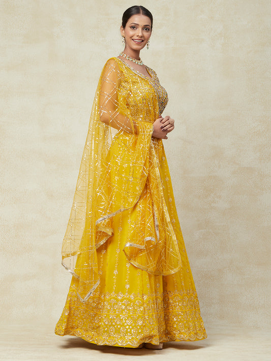Yellow Georgette Lehenga With Embroidery - PepaBai