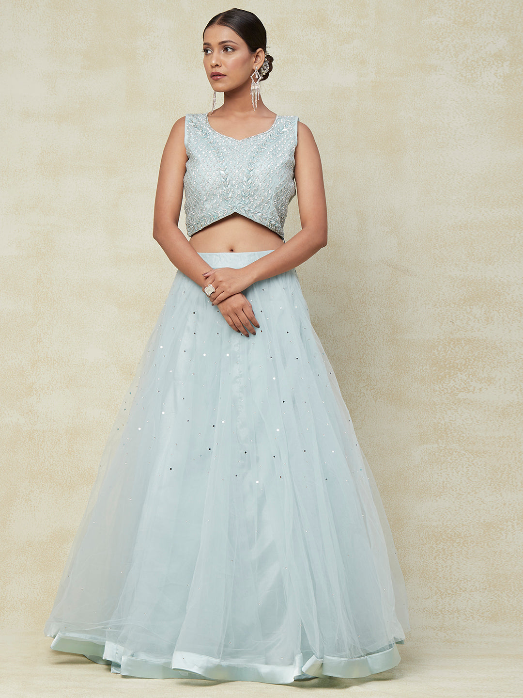 Blue Net Mesh Lehenga With Embroidery - PepaBai