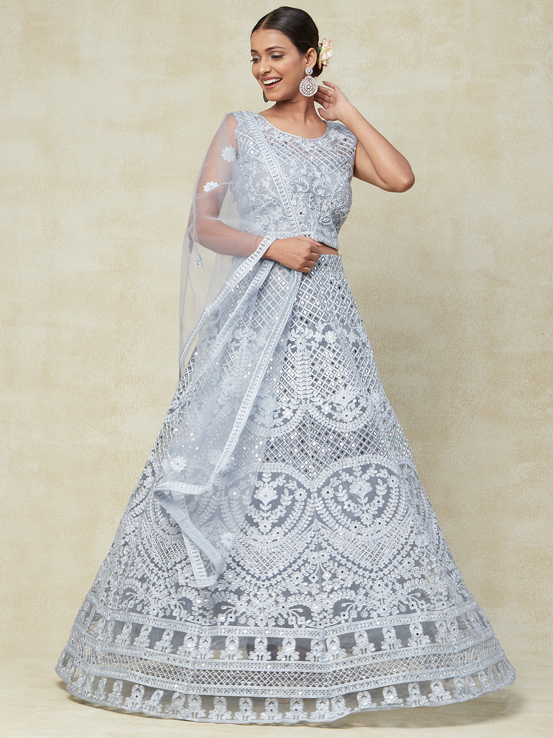 Grey Net Mesh Lehenga With Embroidery - PepaBai