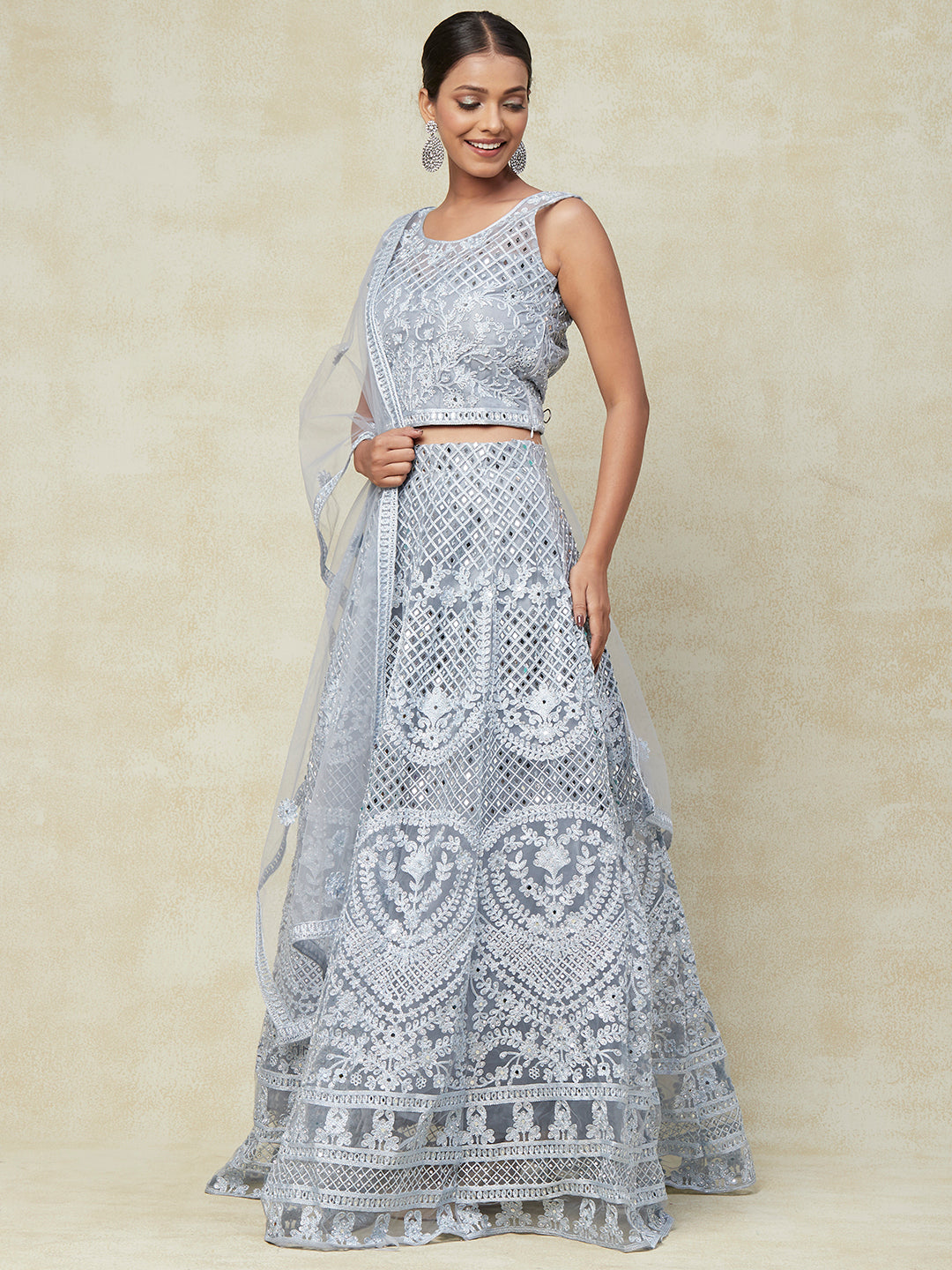 Grey Net Mesh Lehenga With Embroidery - PepaBai