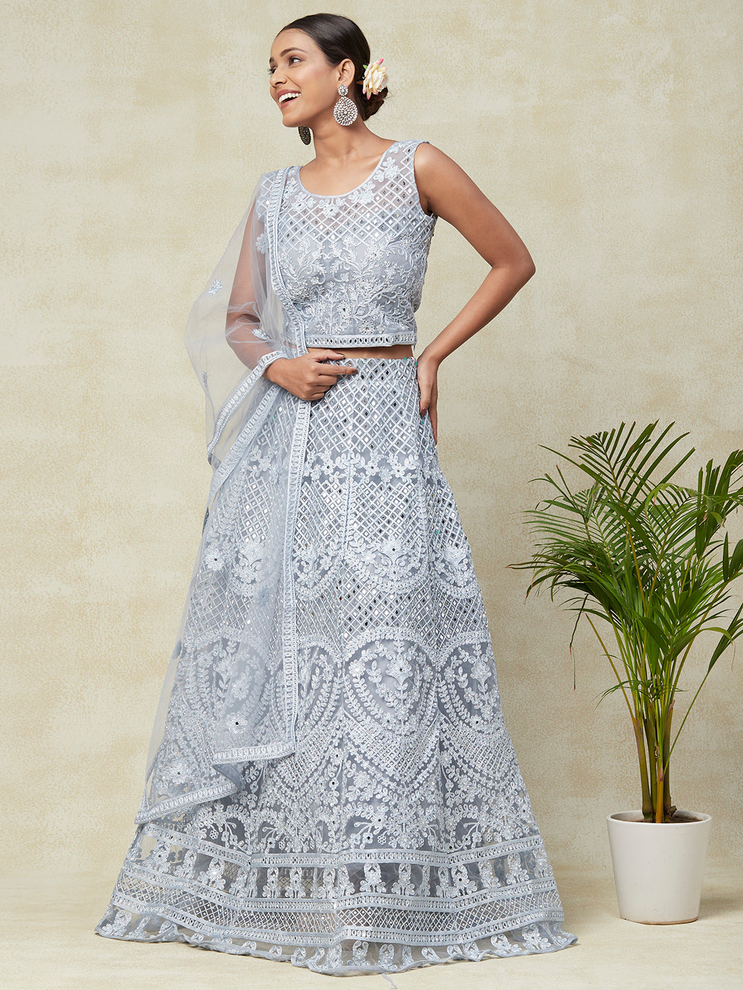 Grey Net Mesh Lehenga With Embroidery - PepaBai