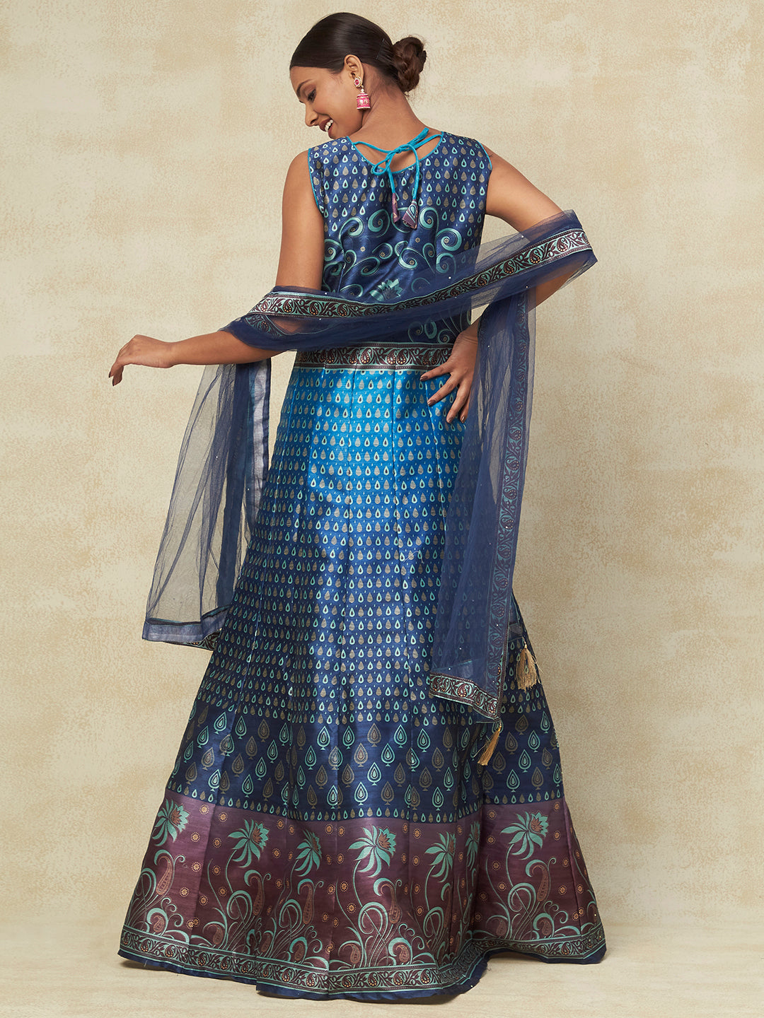 Blue Silk Digital Printed Gown With Dupatta - PepaBai