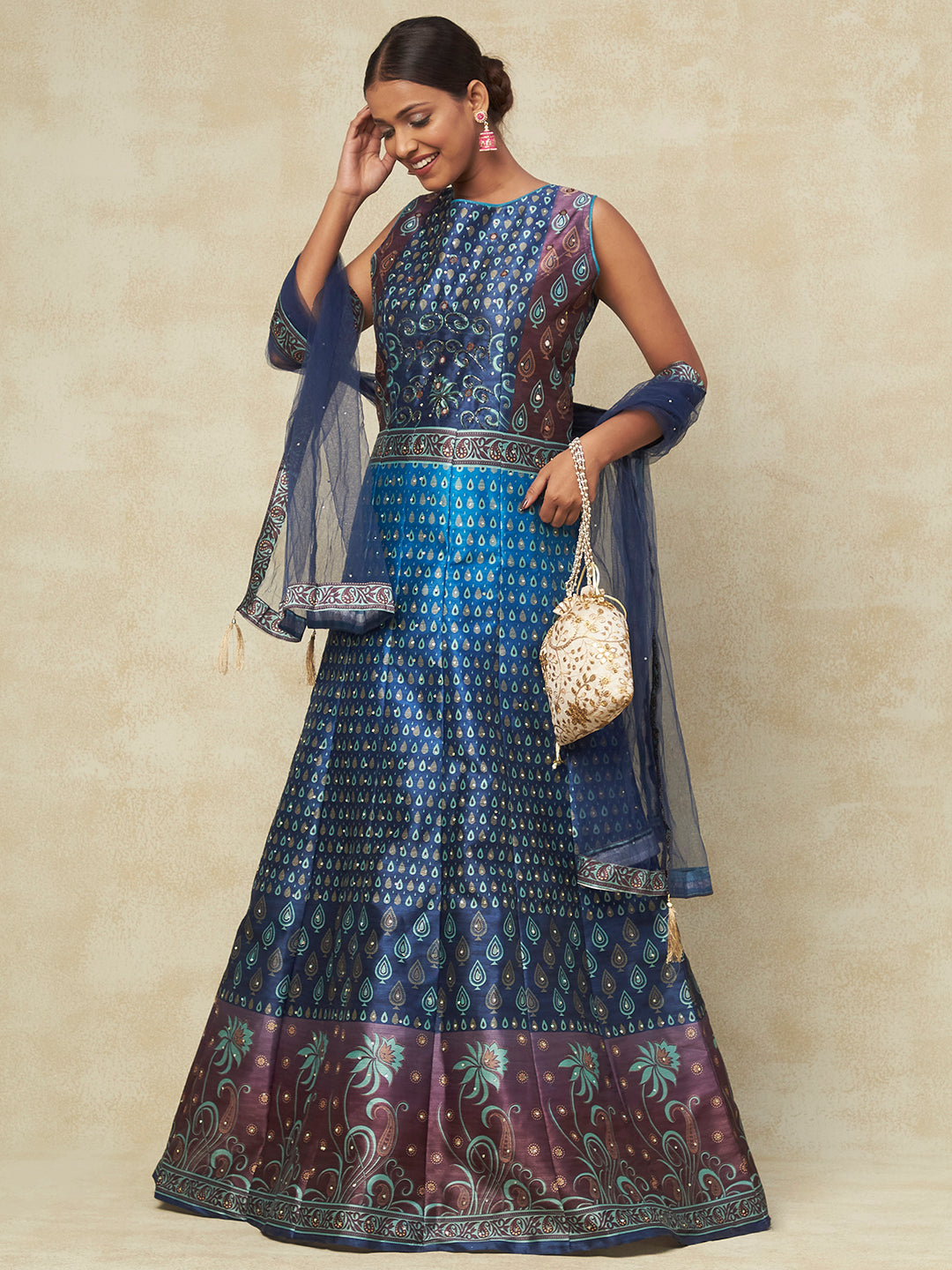 Blue Silk Digital Printed Gown With Dupatta - PepaBai