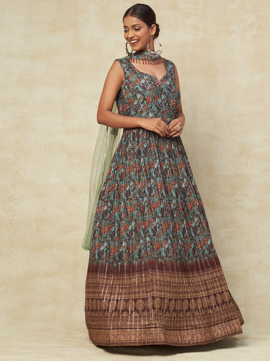 Green Georgette Printed Gown With Dupatta - PepaBai
