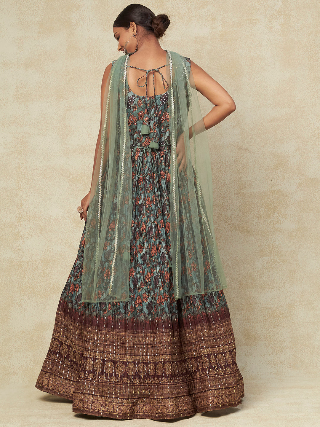 Green Georgette Printed Gown With Dupatta - PepaBai