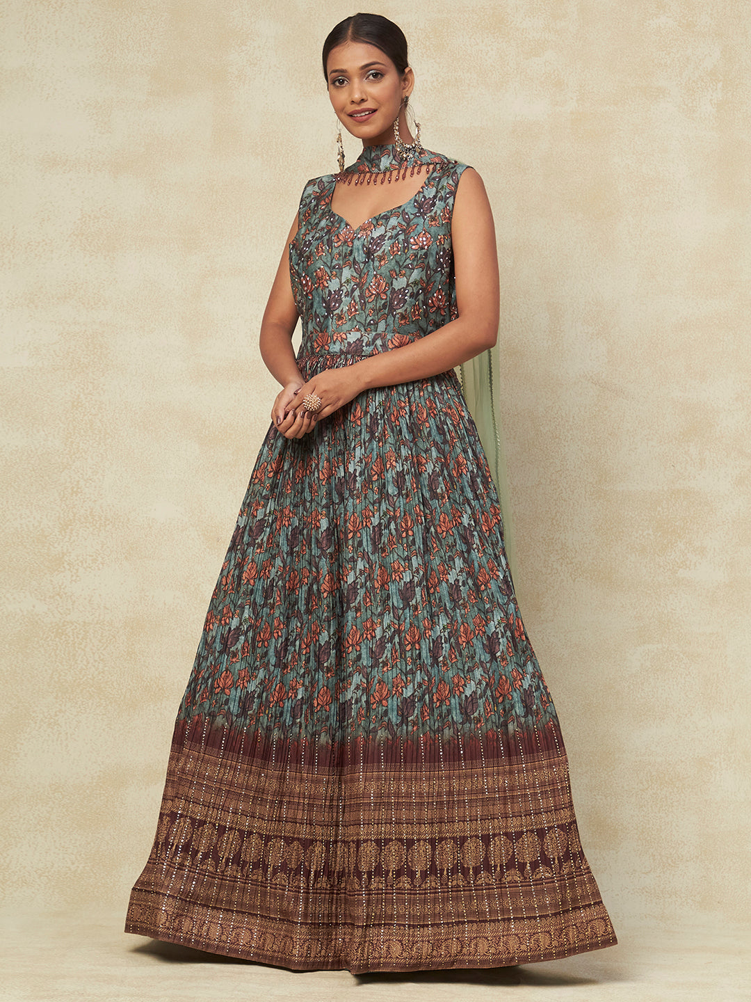 Green Georgette Printed Gown With Dupatta - PepaBai