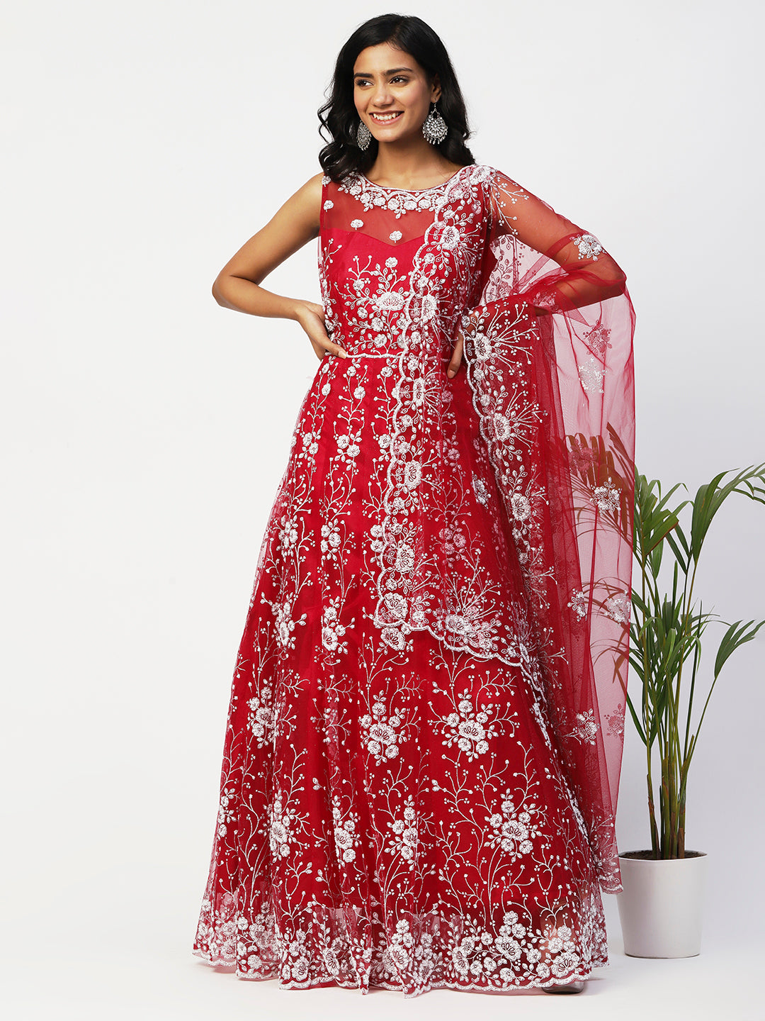 Red Net Embroidery Gown With Dupatta - PepaBai