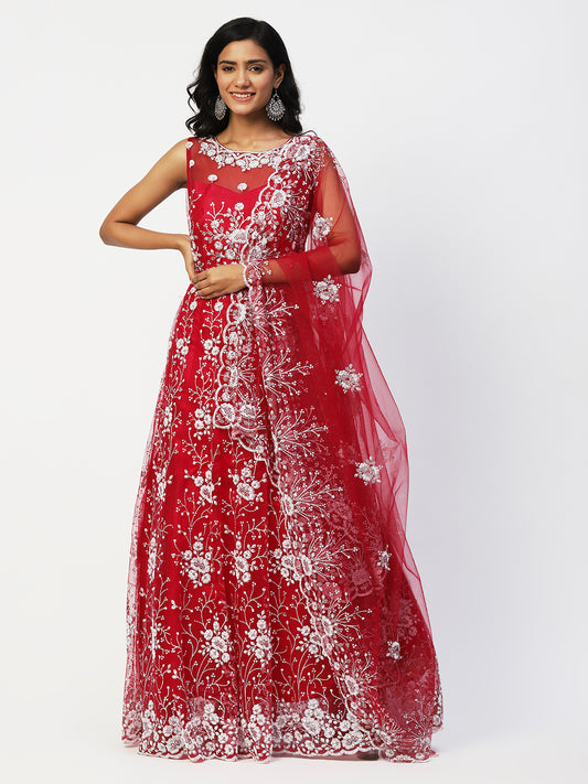 Red Net Embroidery Gown With Dupatta from PepaBai