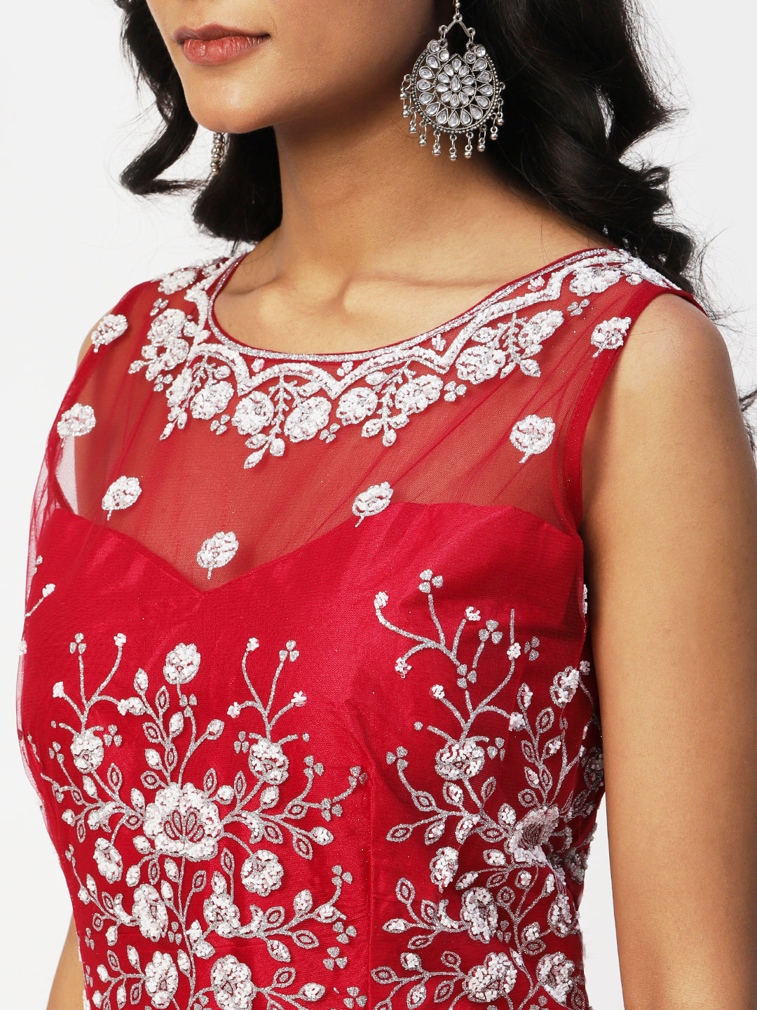 Red Net Embroidery Gown With Dupatta - PepaBai