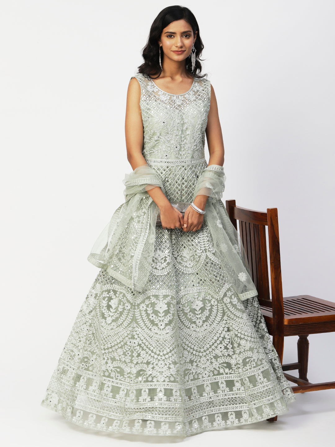 Grey Net Embroidery Gown With Dupatta - PepaBai