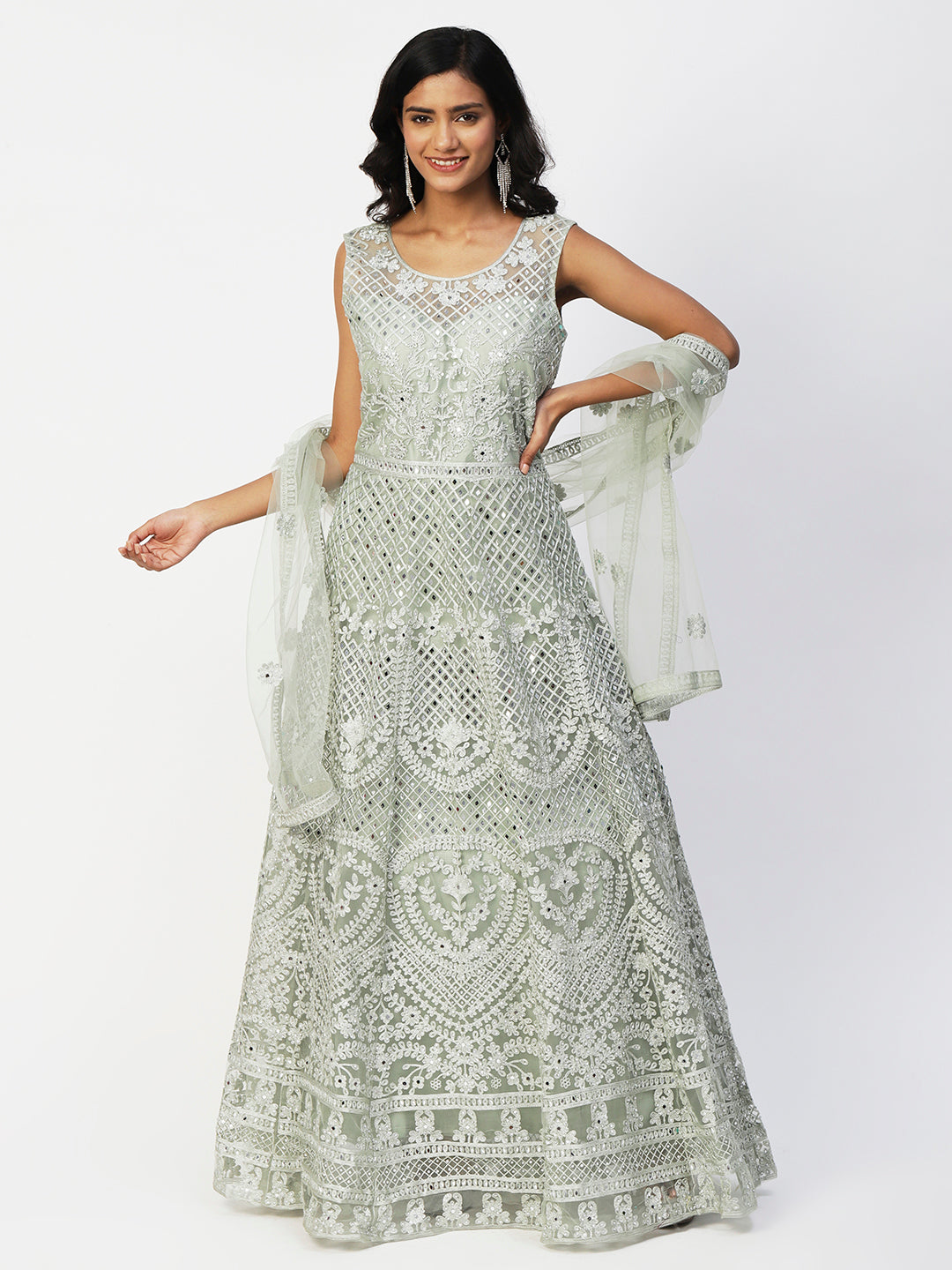 Grey Net Embroidery Gown With Dupatta - PepaBai