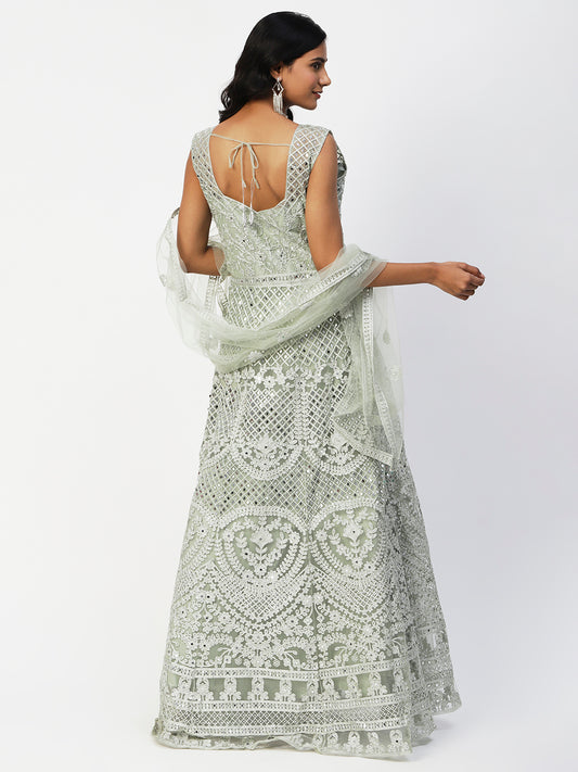 Grey Net Embroidery Gown With Dupatta - PepaBai