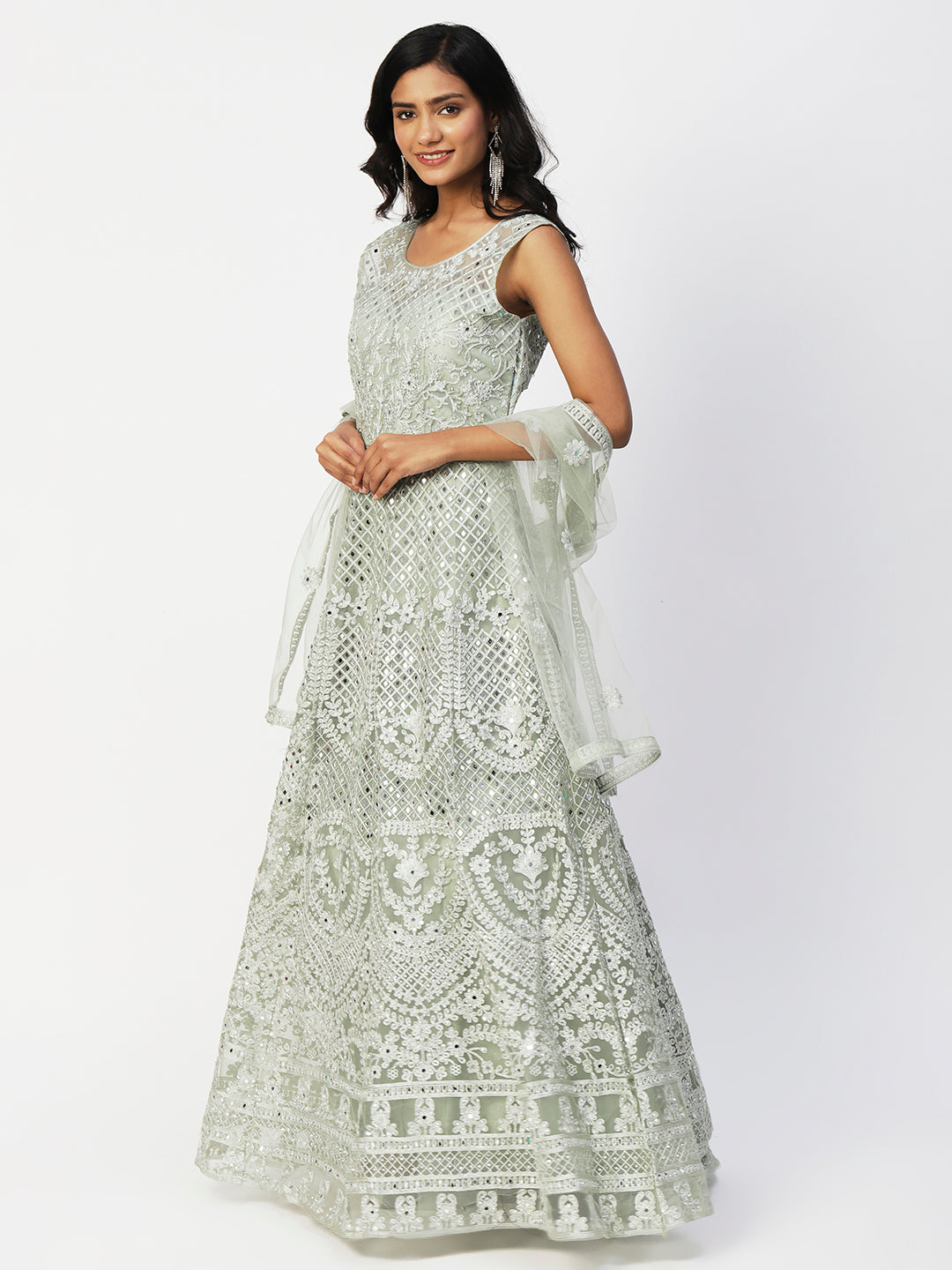 Grey Net Embroidery Gown With Dupatta - PepaBai