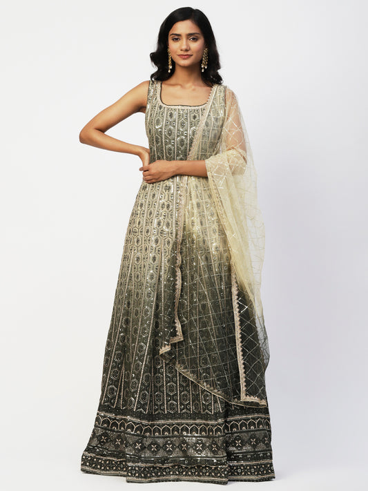 Beige Georgette Embroidery Gown With Dupatta - PepaBai