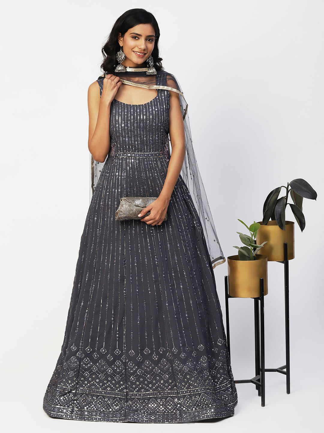 Dark Grey Georgette Embroidery Gown With Dupatta - PepaBai