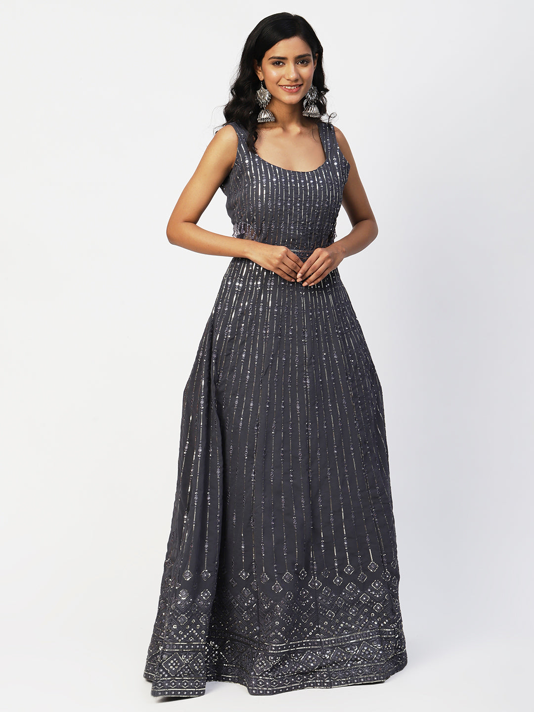 Dark Grey Georgette Embroidery Gown With Dupatta - PepaBai