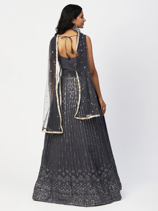 Dark Grey Georgette Embroidery Gown With Dupatta - PepaBai