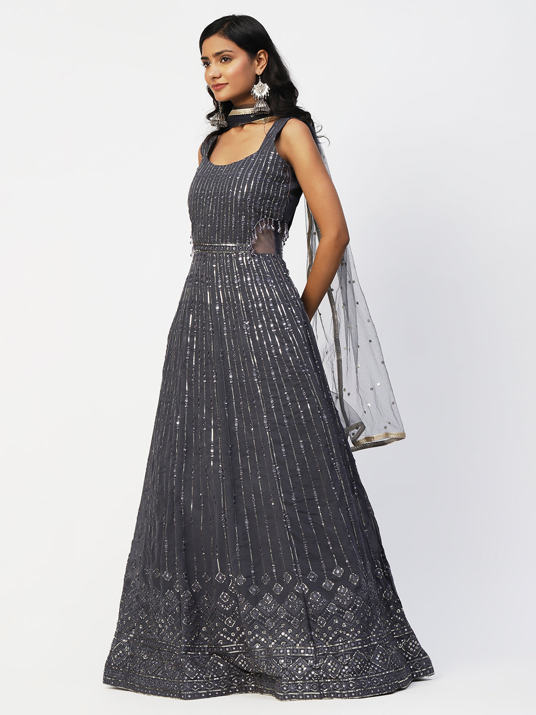 Dark Grey Georgette Embroidery Gown With Dupatta - PepaBai