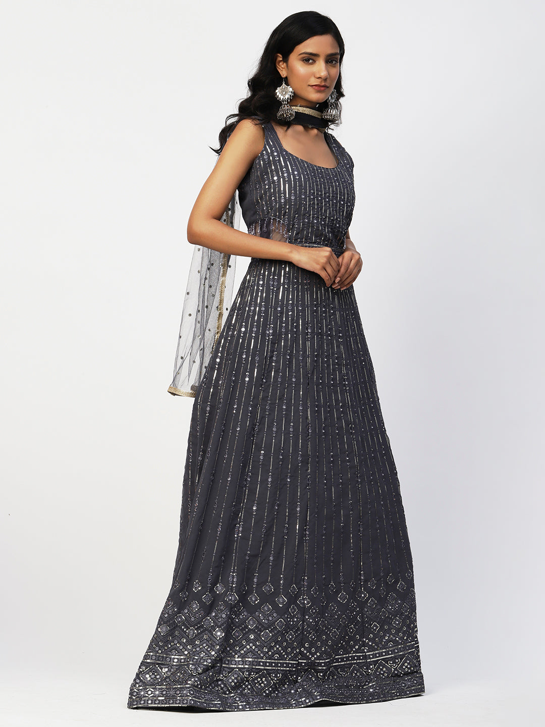 Dark Grey Georgette Embroidery Gown With Dupatta - PepaBai