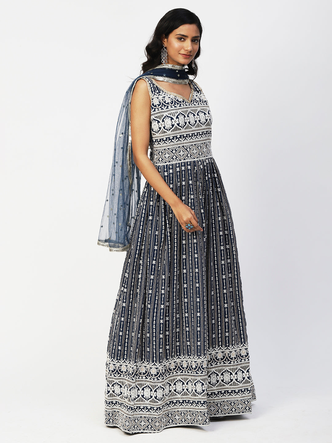 Dark Blue Georgette Embroidery Gown With Dupatta - PepaBai