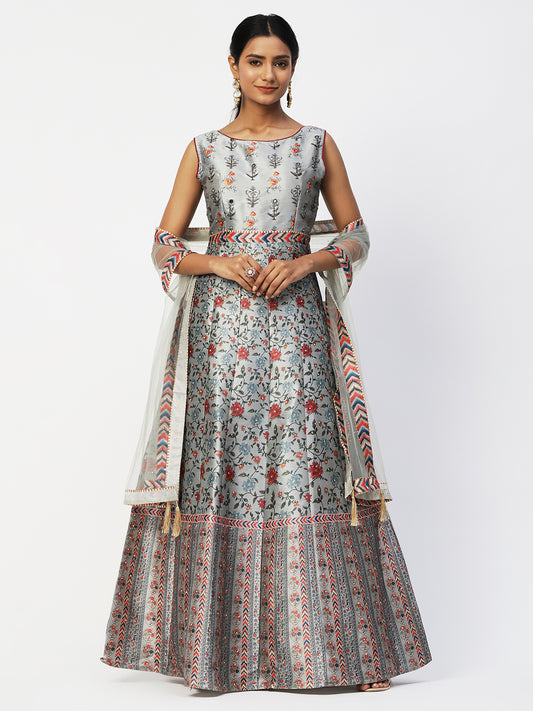 Grey Silk Printed Gown With Dupatta from PepaBai